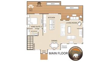 Thunderhead Mountain Lodge Main Floor Plan Main floor plan for Smoky Mountains cabin rental Thunder Mountain Lodge.